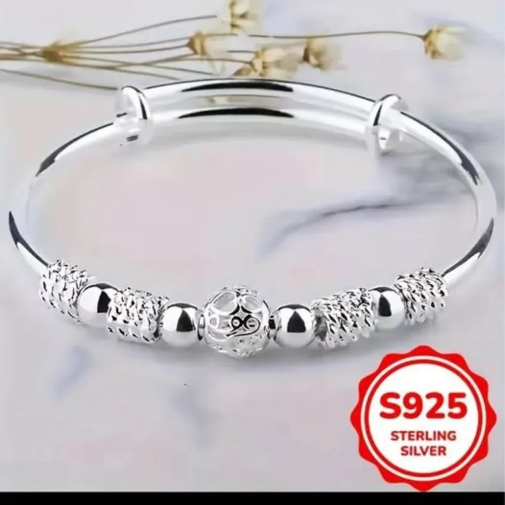 🎁🎁 Free shipping !! Silver Tone Beaded Bangle Bracelet Adjustable Filigree Cha
